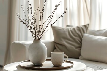 Cup of coffee and vase with branches on table in living room