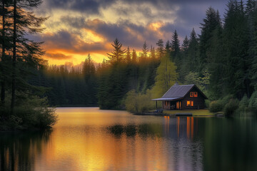 Fototapeta premium Woodland Retreat: A Peaceful Lakeside Cabin Nestled in a Dense Forest Sanctuary