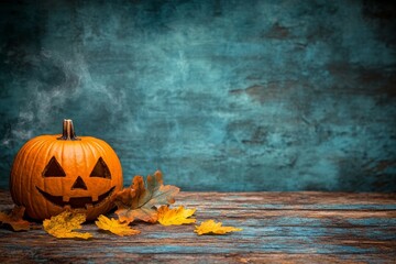 Small jack o lantern pumpkin sits on a weathered wooden table with autumn leaves scattered around creating a simple and rustic fall Halloween scene