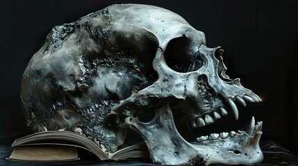 Human Skull and Book: A Dark and Mysterious Still Life