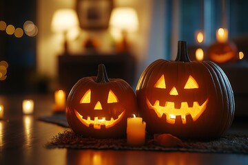 Fototapeta premium Halloween scene with glowing jack o lanterns and cozy candlelight on a dinner table evoking a warm festive atmosphere with spooky accents and autumn decor