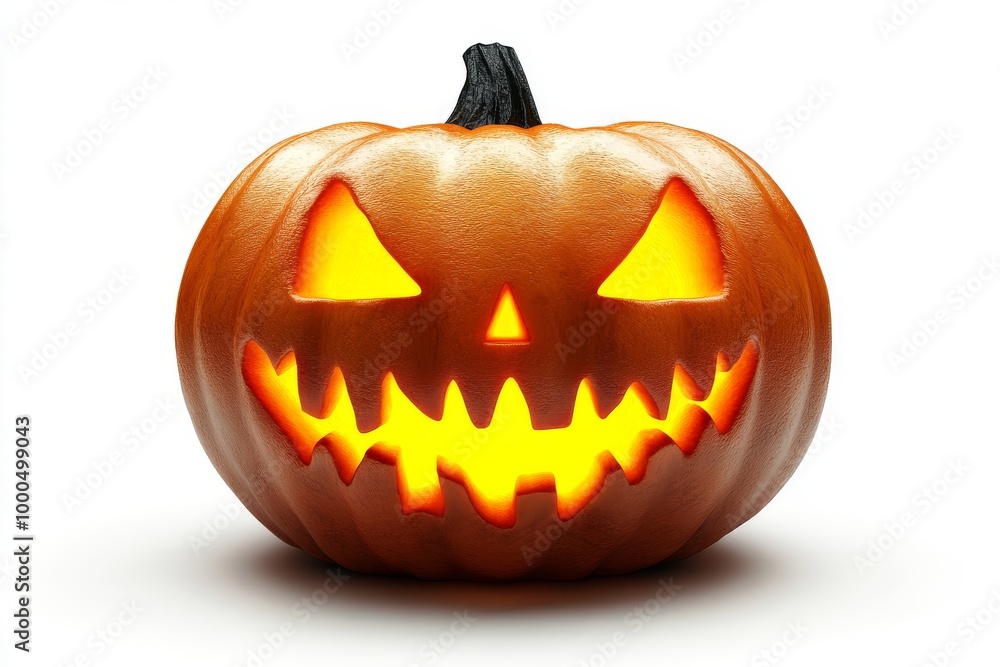 Poster carved jack o lantern glowing brightly with an exaggerated sinister grin set against a plain white b