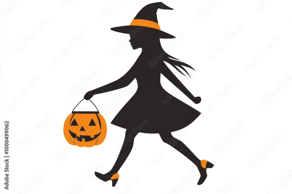 Poster silhouette of a witch carrying a jack o lantern bucket walking in profile with a pointed hat creatin