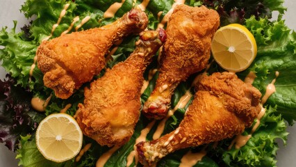 Crispy Fried Chicken Legs with Fresh Lettuce and Lemon 