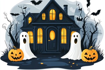 Haunted house surrounded by jack o lanterns and ghost decorations set in a spooky Halloween night scene filled with bats and eerie lighting for festive setups