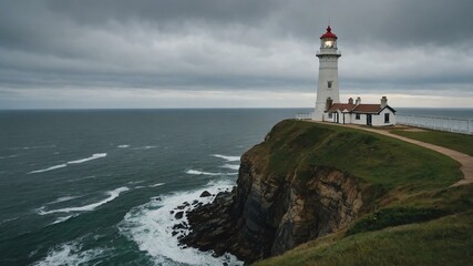 clifftop lighthouse overlooking the ocean background