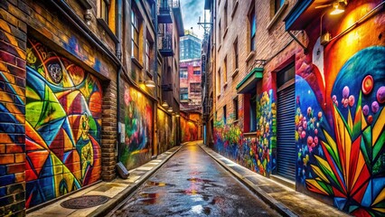 Fototapeta premium Narrow Alleyway with Vibrant Street Art and Textured Walls in an Urban Environment