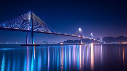 Obraz premium A modern suspension bridge illuminated at night with its reflection in the calm water.