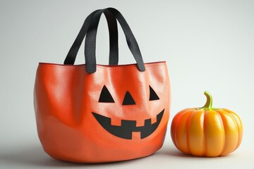 Orange jack o lantern themed tote bag alongside a mini pumpkin creating a modern and stylish Halloween accessory perfect for seasonal shopping and festive fall outings