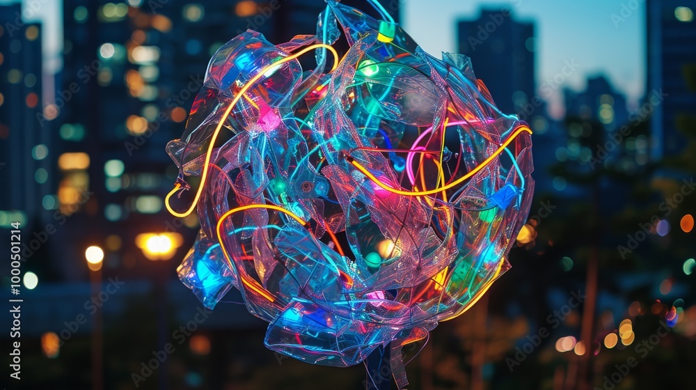 Poster a mesmerizing abstract art piece featuring an intricate web of plastic and glowing neon lights. the 