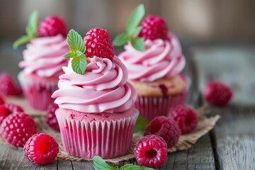 Delicious cupcakes with fresh berries on wooden table, closeup