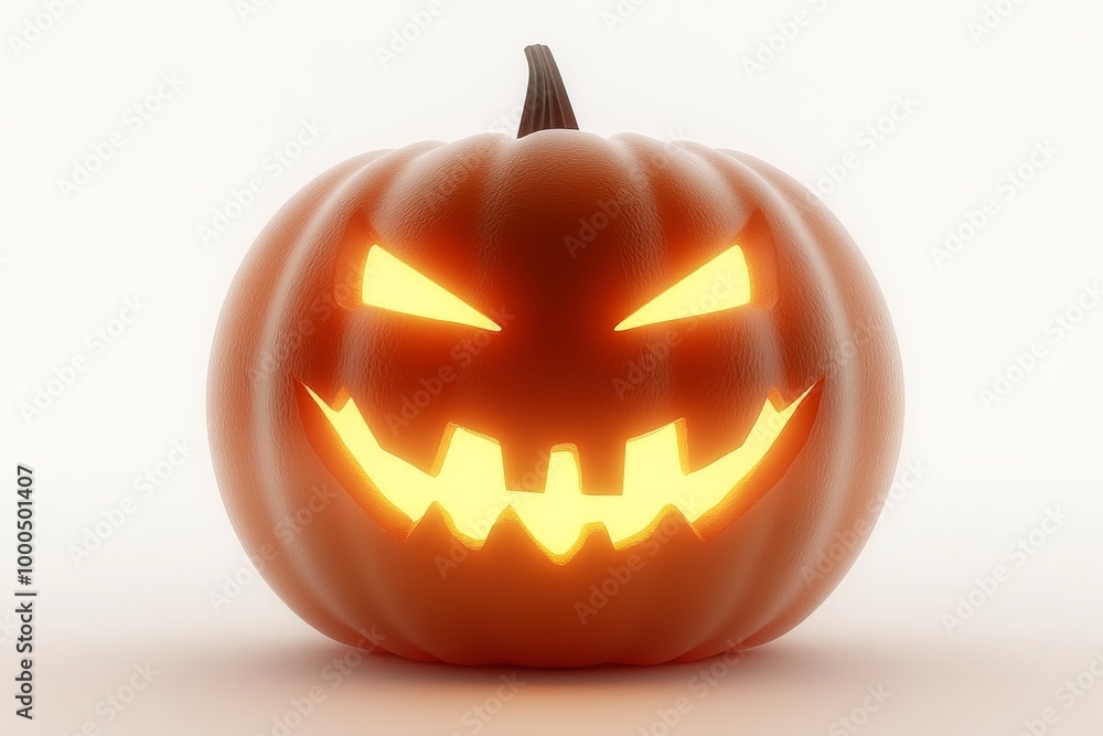 Poster carved jack o lantern with glowing eyes and sharp teeth set against a white background creating a fi