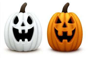 Pair of black and white jack o lanterns with carved smiling faces set against a clean white background creating a simple and elegant Halloween display perfect for modern setups