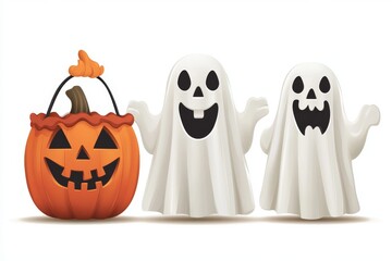 Set of two ghost figurines and a small jack o lantern each with smiling faces creating a fun and cheerful Halloween design perfect for child friendly decorations or playful setups
