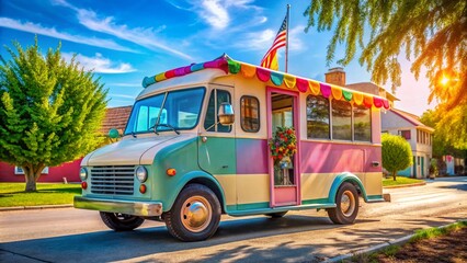 Obraz premium Nostalgic Vintage Ice Cream Truck Parked on a Sunny Street with Colorful Decorations and Details
