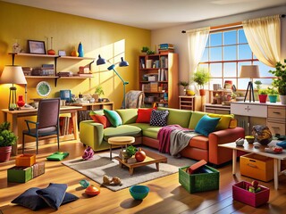 Overcoming Clutter: A View of Cramped Space Filled with Furniture and Household Items in Disarray