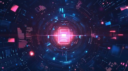 Obraz premium Abstract digital tunnel with glowing lights in pink and blue.