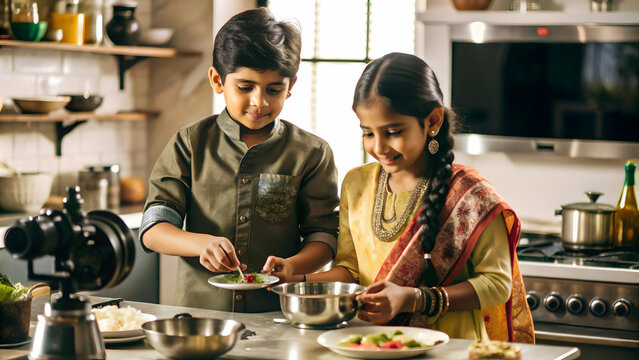 3D Bhai Dooj Meal Preparation Concept: Candid Capture of Siblings Cooking Together in a Warm Family Kitchen Scene with Food and Laughter