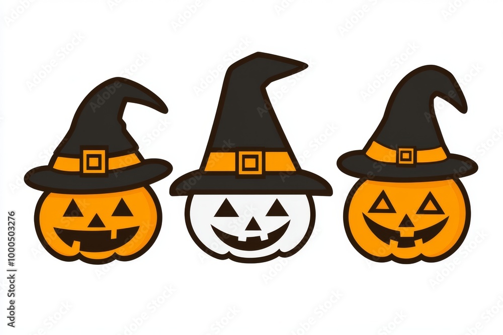 Poster three jack o lanterns wearing black witch hats each with a different facial expression creating a wh
