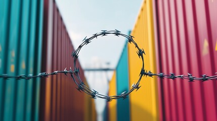 Barbed wire surrounding shipping containers, trade restriction, economic sanctions on global commerce