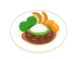 和風おろしハンバーグと野菜の付け合わせのイラスト