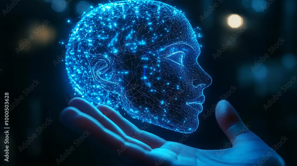 Poster ai electronic brain visualized within the neon outline of a man image