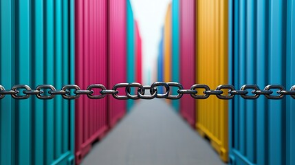 Shipping containers locked down by chains labeled Trade Quotas, trade restriction, economic limitations concept