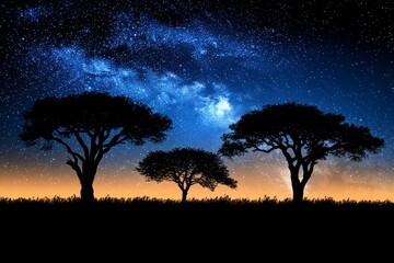 This image captures three silhouetted trees standing elegantly against a stunning backdrop of a starry night sky, blending nature's serenity and the mesmerizing beauty of the cosmos.