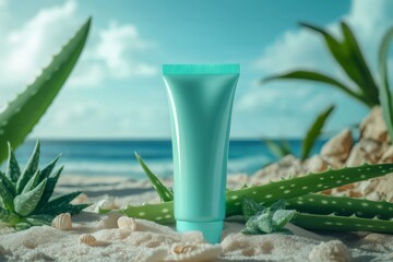 A teal tube of sunscreen stands surrounded by aloe vera plants on a sandy beach with seashells, under a bright sky, reflecting a tranquil summer day.