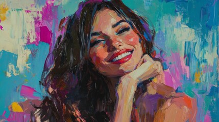 A joyful woman painted in vibrant colors, capturing an expressive and lively mood, surrounded by an abstract backdrop of blues and pinks in modern style.