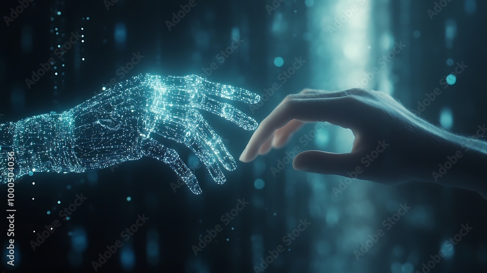 Poster human hands guiding ai robots through machine learning processes