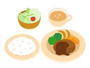 ハンバーグの定食やランチやディナーのイラスト　ライス・サラダ・スープ付きバージョン