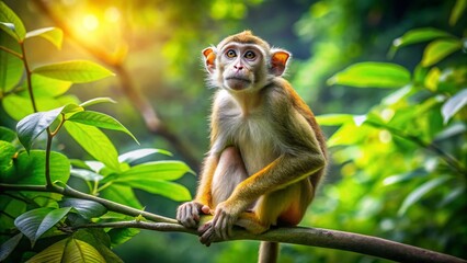 Obraz premium Playful monkey sitting on a branch in a lush green forest during a sunny day in nature