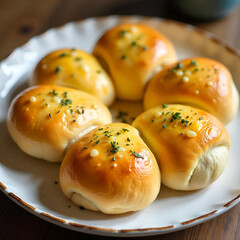 A plate of freshly baked golden-brown dinner rolls garnished with parsley or other herbs