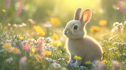 A Rabbit and Its Bunny Playing in Grass with Flowers in the Background