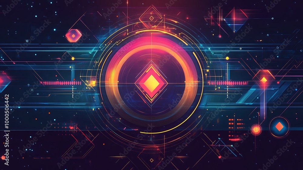 Poster abstract digital art with geometric shapes, glowing lines, and a central circle with a diamond insid
