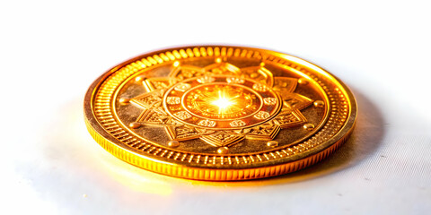 Obraz premium 3D Macro Shot of Bhai Dooj Coin: Futuristic Design Highlighting Glowing Inscriptions & Intricate Textures � Iconic Representation on White Background