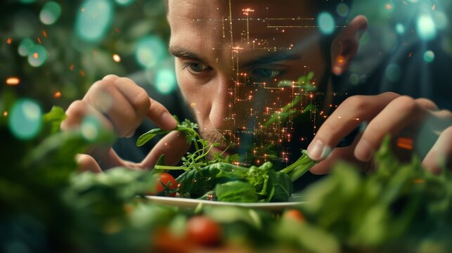 A man intensely examines fresh salad leaves, as digital data points and holographic imagery overlay the scene. The image conveys a concept of food quality inspection, analysis, and technological