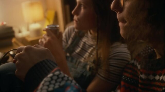 Side closeup of millennial lady drinking soda sitting by boyfriend in glasses who playing video game on controller at home, atmospheric 90s