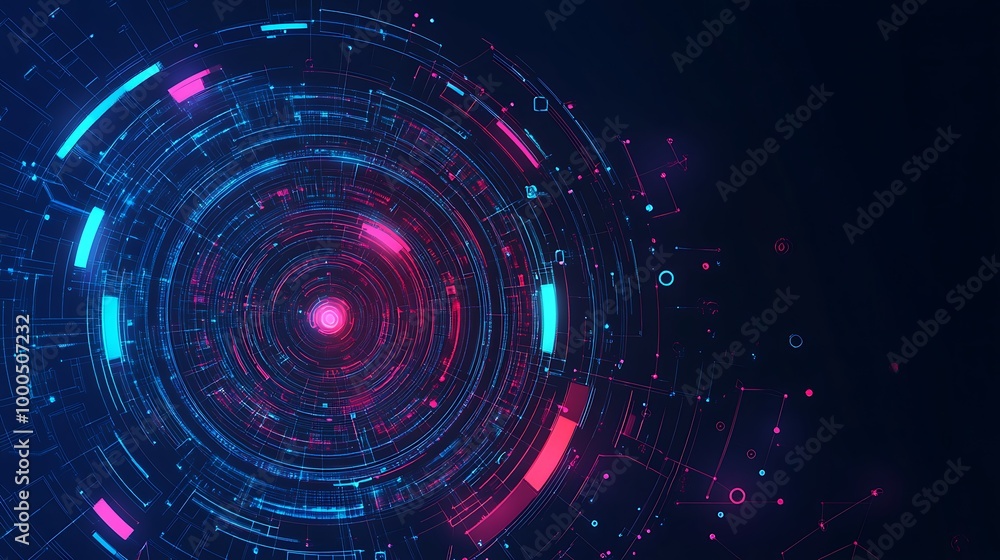 Poster Abstract digital technology background with glowing neon circles and lines.