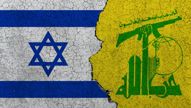 Israel against Hezbollah, the two flags on an old concrete wall separated by a crack