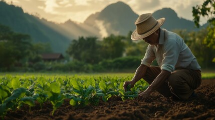 Farmer Tending Crops at Sunset