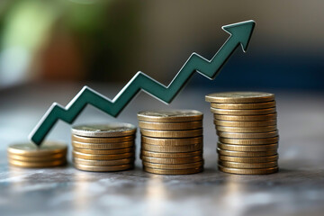 Stacks of coins with an upward-pointing graph and a dollar sign icon representing the financial growth concept for the stock market or business growth. 3d illustration.