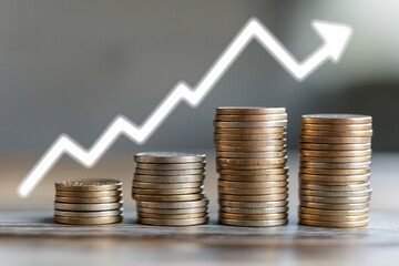 Stacks of coins with an upward-pointing graph and a dollar sign icon representing the financial growth concept for the stock market or business growth. 3d illustration.