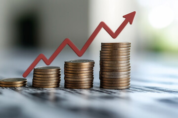 Stacks of coins with an upward-pointing graph and a dollar sign icon representing the financial growth concept for the stock market or business growth. 3d illustration.