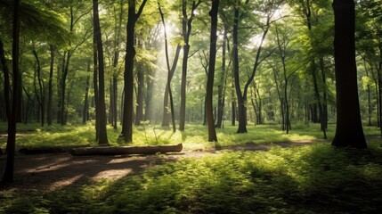 Naklejka premium Sunbeams Through the Trees in a Tranquil Forest