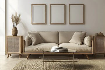 Cozy living room with neutral tones and natural decor.