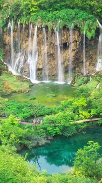 Time Lapse of waterfall cascade scenery in Plitvice Lakes, Croatia. Nature landscape of Plitvice Lakes National Park is the UNESCO World Heritage in mountain Karst area of central Croatia.