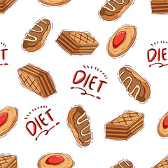 cute doodle bakery or snack food in seamless pattern 
