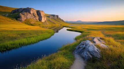 Lush Valley Landscape with River and Majestic Mountains